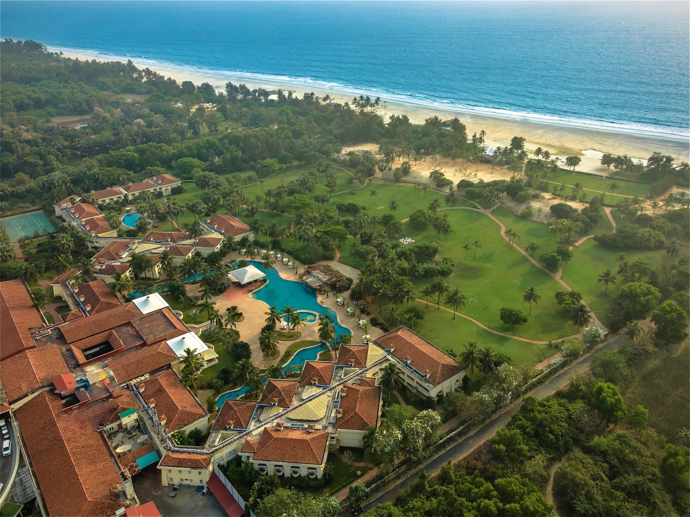 Novotel South Goa from the air: the resort, its pools and the beach